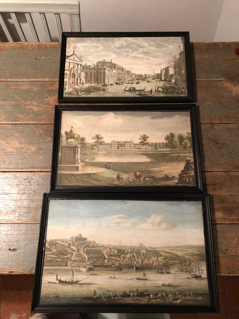 KUNST ANTIEKE GRAVURE VUE D’OPTIQUE FRANS 3 STUKS, Ophalen of Verzenden