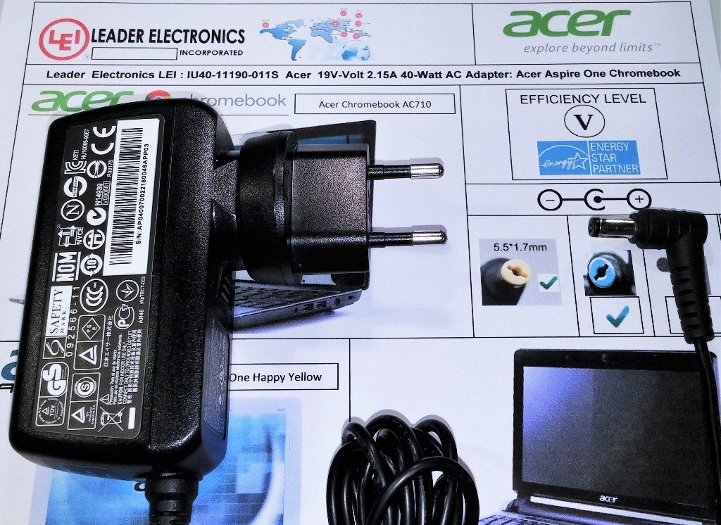 Acer 19V 2.1A 40W Travel AC Adapter Lader Oplader 1.7x5.5mm