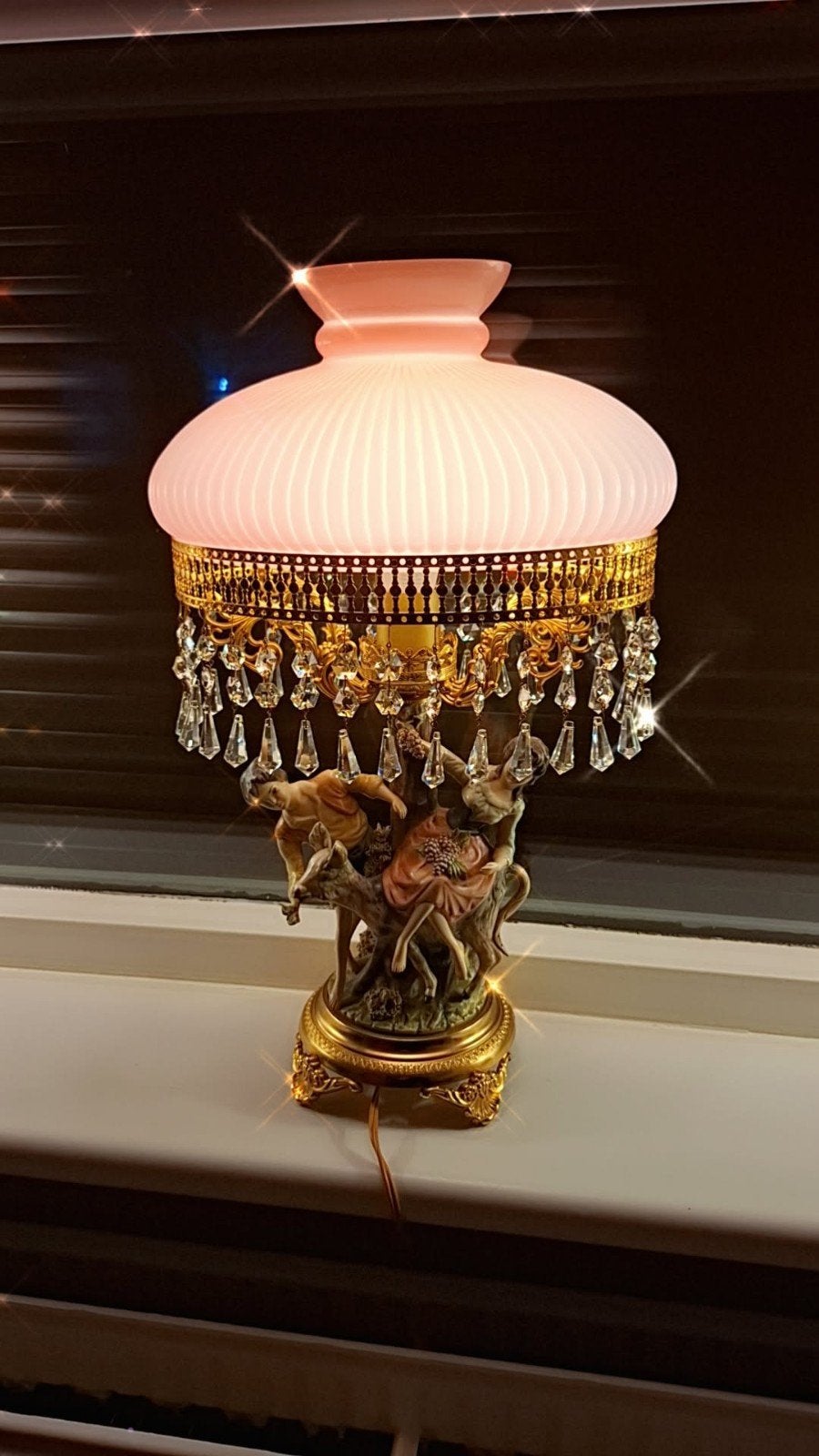 Nostalgische Tafellamp met Roze Melkglas en Kristal, Ophalen