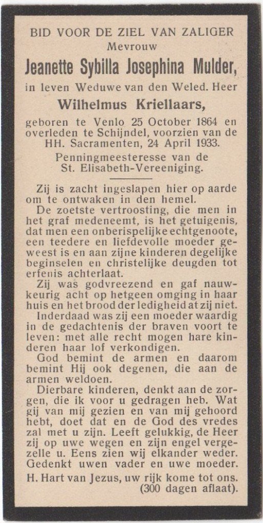 Jeanette S.J. Mulder 1864 Venlo + 1933 Schijndel, 68 jr oud, Verzamelen, Bidprentjes en Rouwkaarten, Verzenden