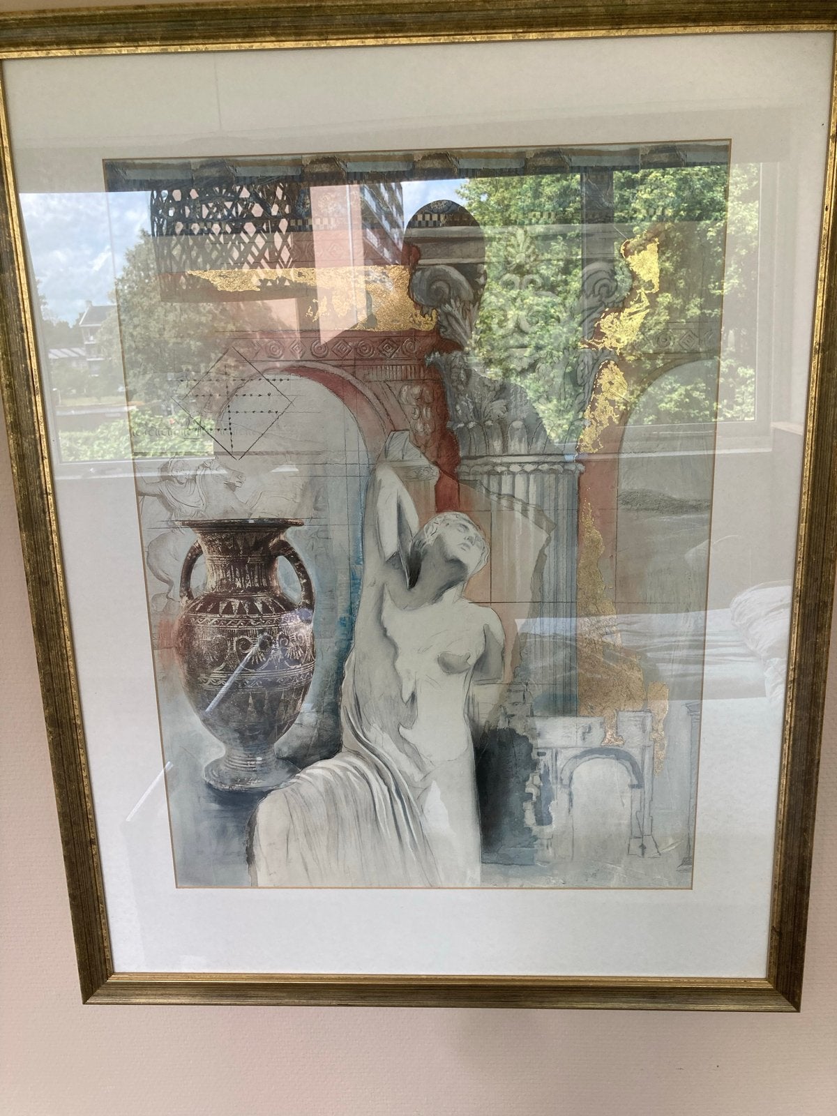 Klassiek schilderij met beeld en vaas, Antiek en Kunst, Kunst | Schilderijen | Klassiek, Ophalen, Klassiek, Overige onderwerpen