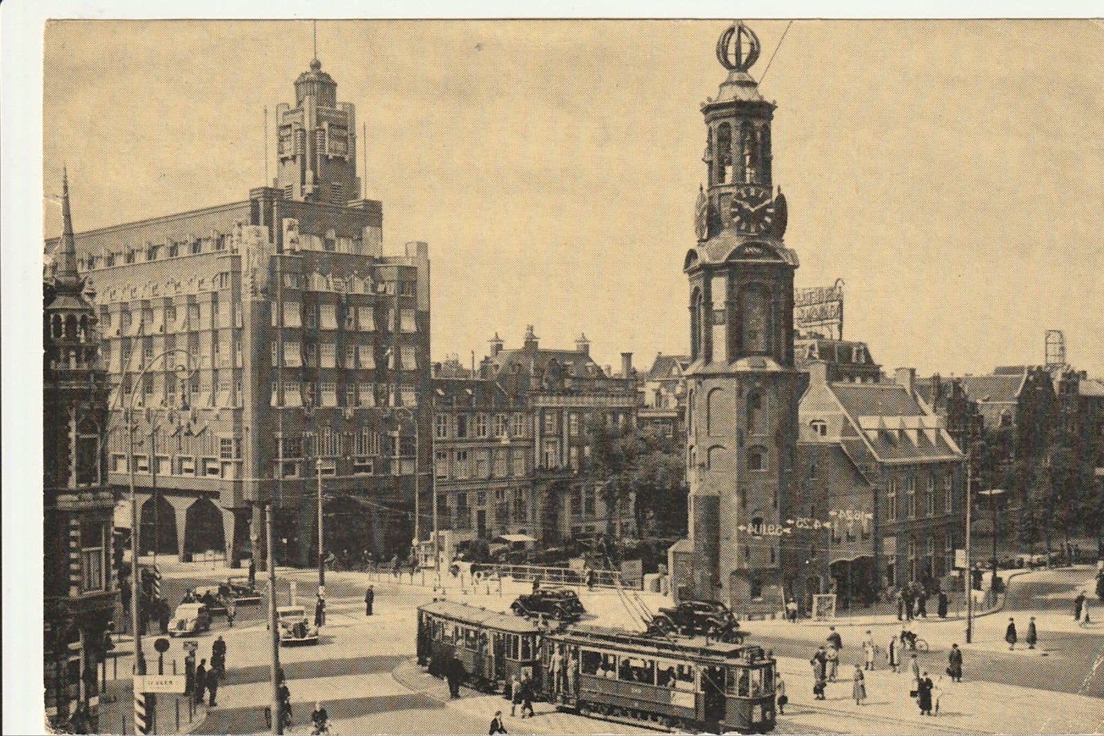 AMSTERDAM MUNTPLEIN TOREN HOTEL OUDE AUTO'S GVB TRAMSTEL, Ophalen of Verzenden, 1940 tot 1960, Gelopen, Noord-Holland