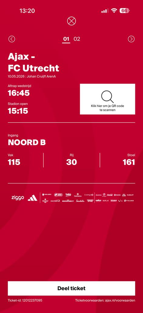 Ajax - Utrecht twee plekken naast elkaar 1e ring, Tickets en Kaartjes, Twee personen