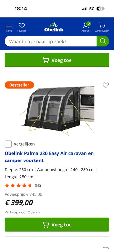 Voortent voor camper of caravan, grijs, opblaasbaar 280 cm, Caravans en Kamperen, Voortenten en Luifels, Zo goed als nieuw, Ophalen of Verzenden