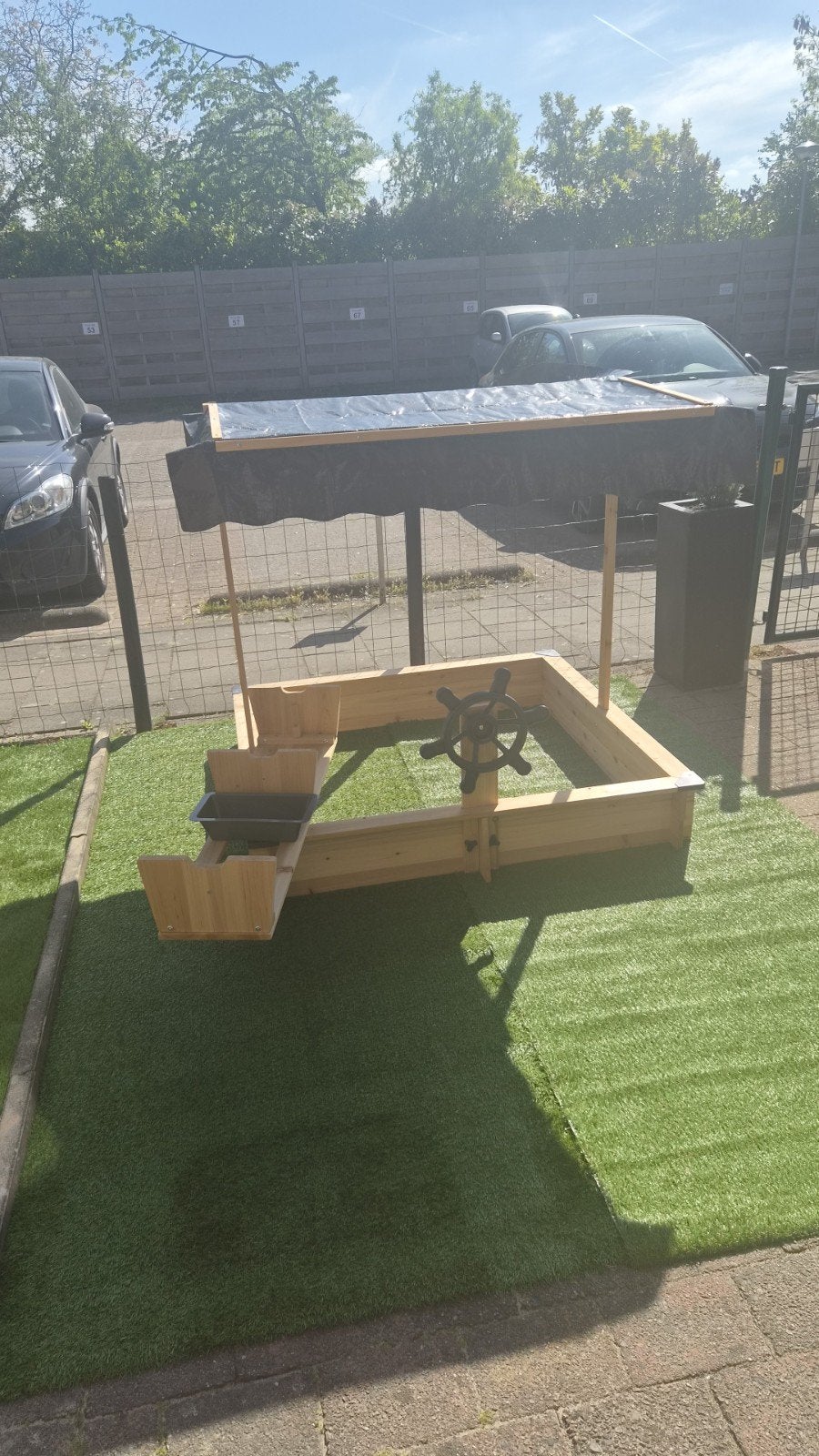 Houten zandbak met afdak en speelstuur, Ophalen of Verzenden, Zo goed als nieuw