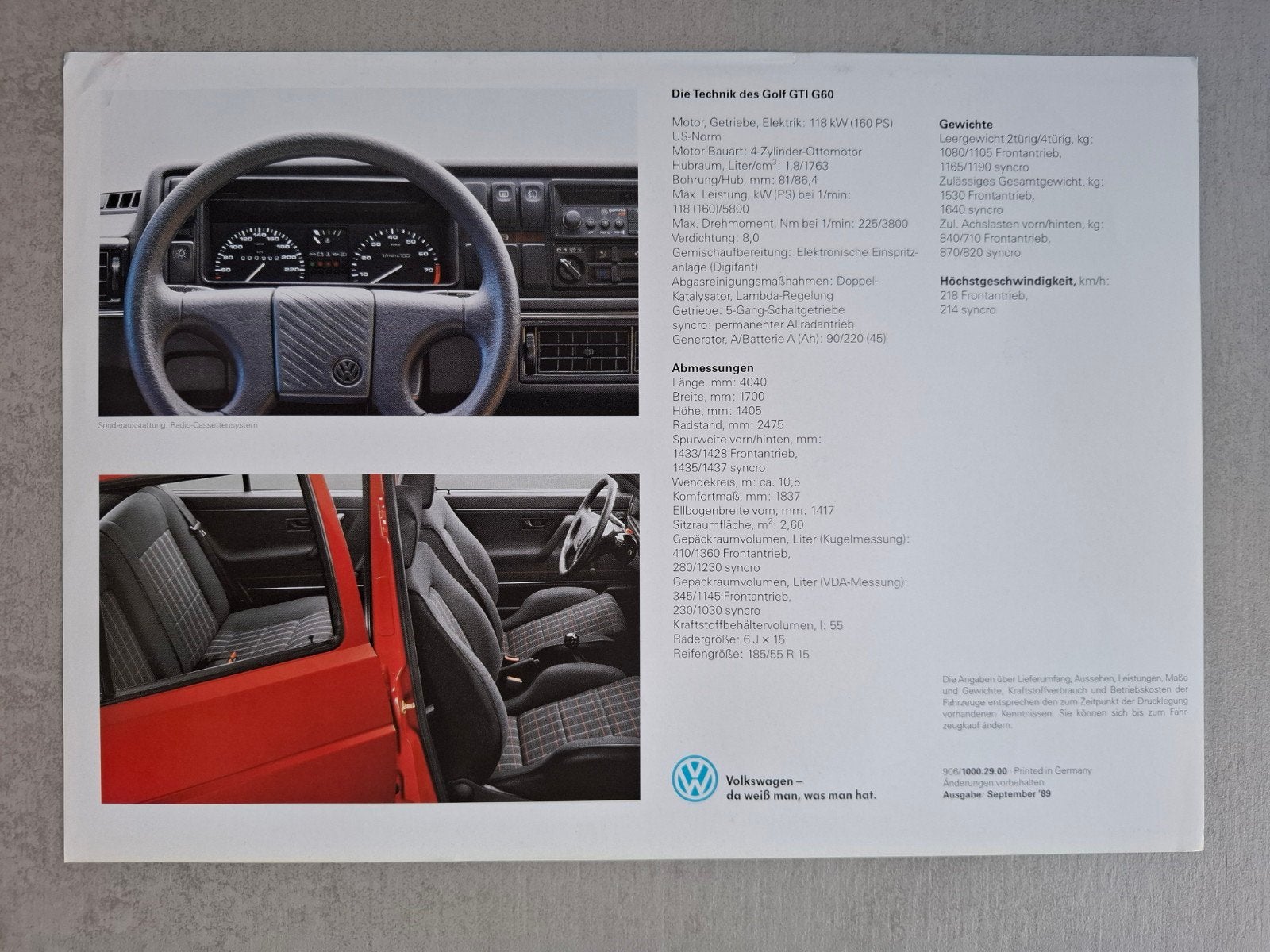 Volkswagen Golf GTI G60 sheet - 1989, Ophalen of Verzenden, Zo goed als nieuw, Volkswagen