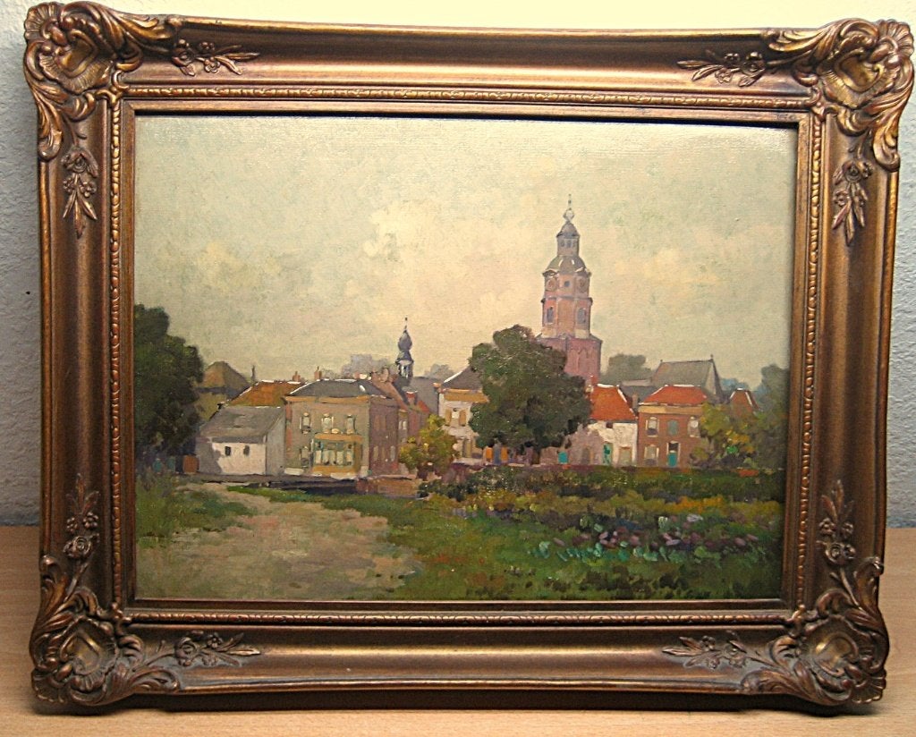 schilderij gezicht op de stad Buren, Doek, Realistisch, Ophalen of Verzenden, Olieverf