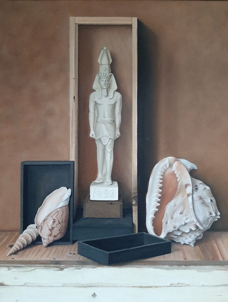 André Verhelst (1947) - Stilleven met schelpen en beeldje, Antiek en Kunst, Kunst | Schilderijen | Klassiek, Doek, Stilleven, Ophalen of Verzenden