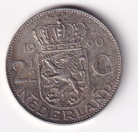 2 1/2 Gulden 1960 Zeer fraai met meerkleuren Patina, Koningin Juliana, Zilver, Ophalen of Verzenden, Losse munt