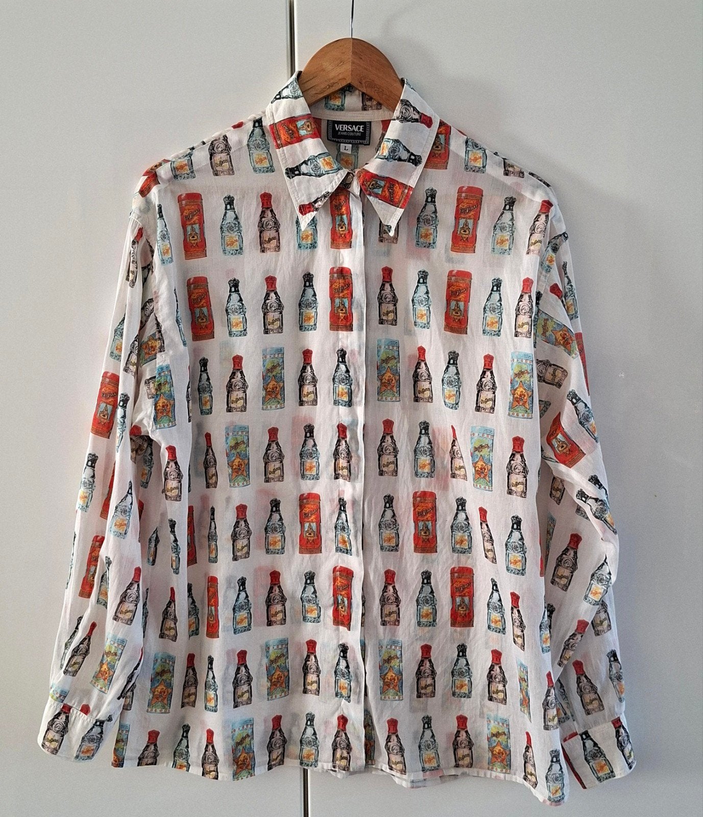 Vintage Versace Jeans Couture Parfum Print Blouse - Italy-L, Versace Jeans Couture, Ophalen of Verzenden, Maat 42/44 (L)