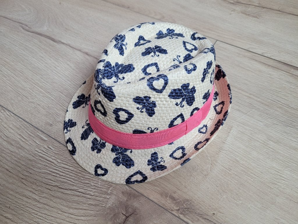 Rieten hoedje met print maat 54 cm ~ SJ2705, Ophalen of Verzenden, Gebruikt, Meisje, Hoed