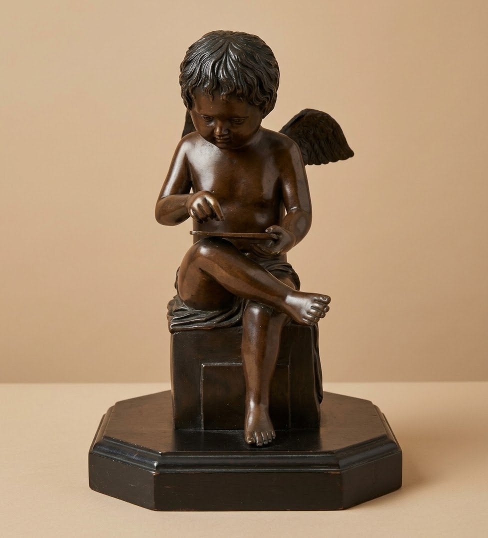 Bronzen beeld: Lezende Engel - 39 cm hoog, Ophalen of Verzenden, 20 - 50 cm, Beeld, Religie