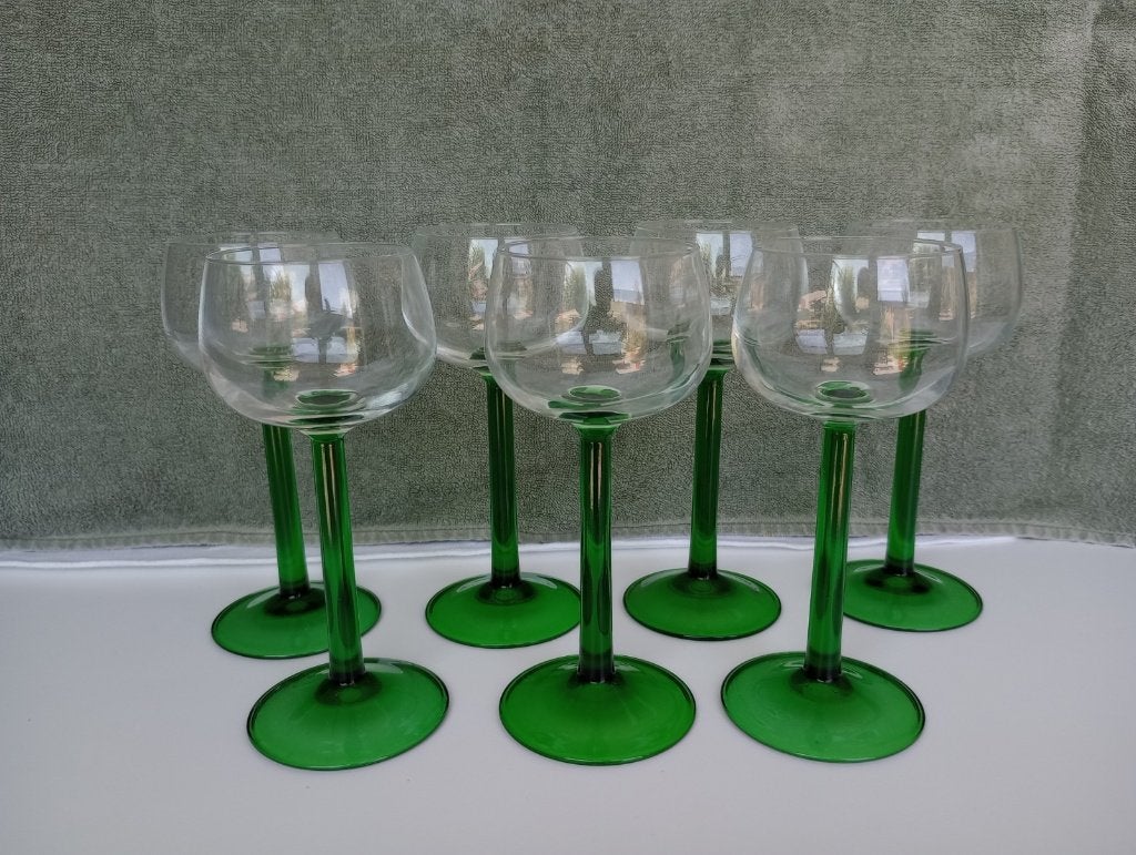 7x vintage glazen op groene voet, Ophalen, Zo goed als nieuw, Overige typen