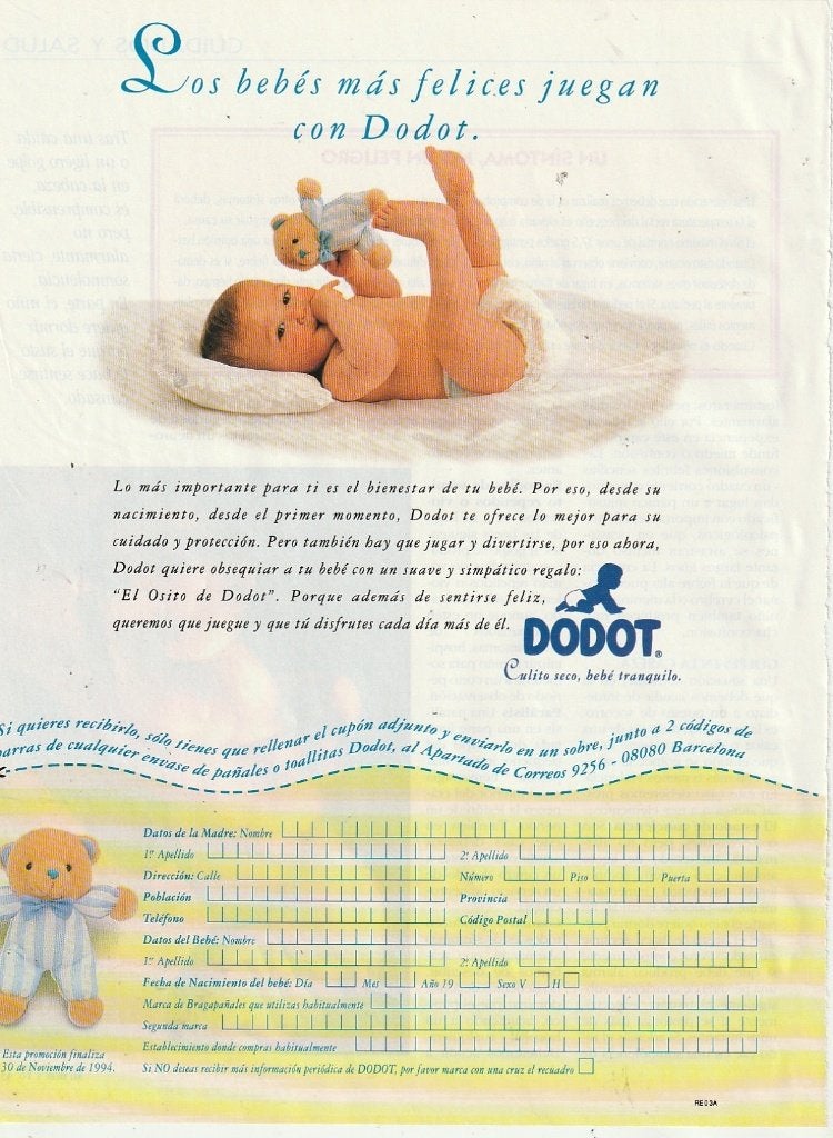 Retro reclame 1994 Dodot baby luiers wedstrijd beertje, Verzenden, Overige typen