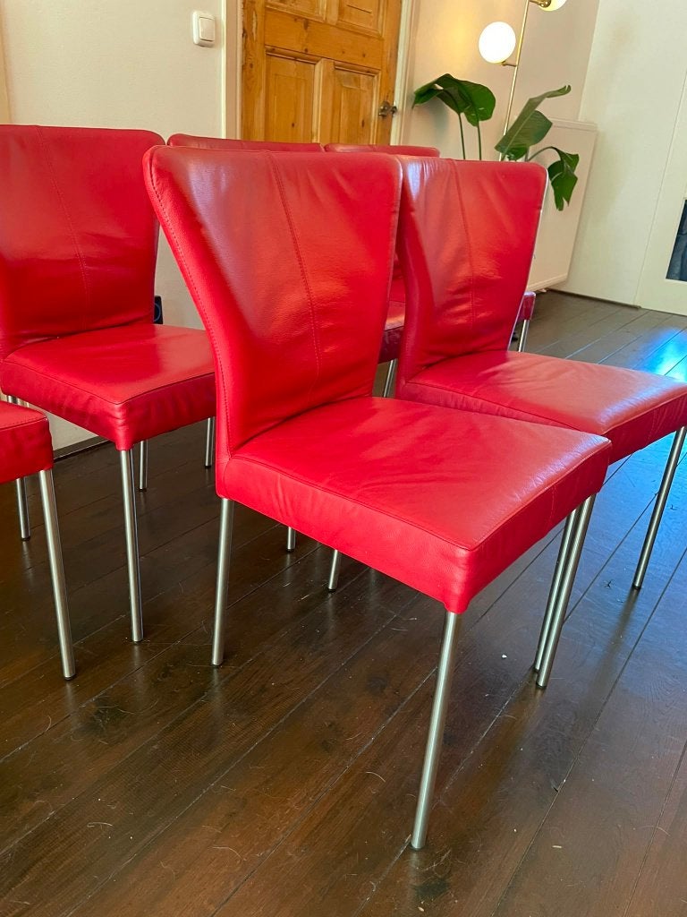 6 rode leren eetkamer stoelen, Huis en Inrichting, Ophalen, Leer, Zo goed als nieuw, Vijf, Zes of meer stoelen