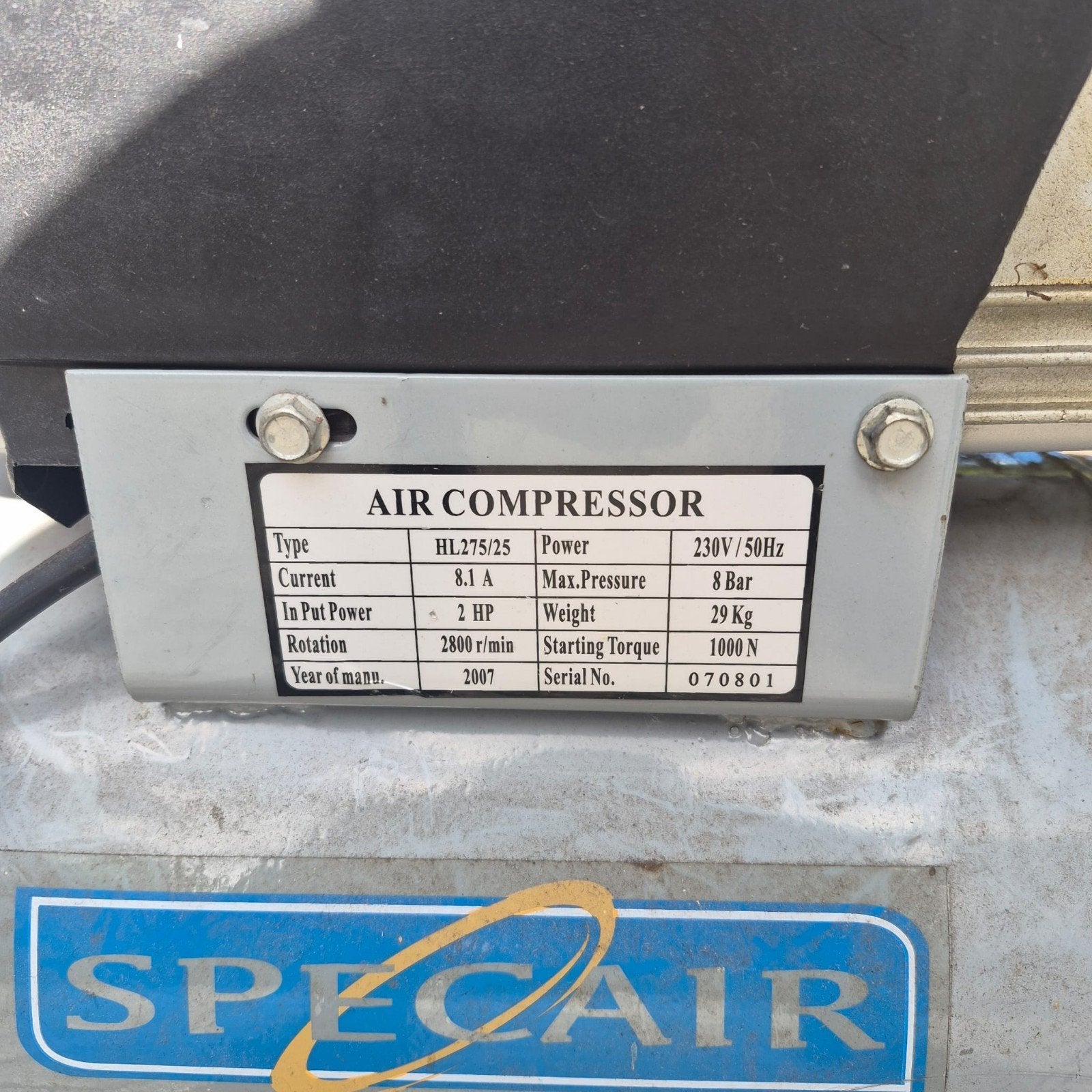 Specair HL.275/25 Compressor - 2007, 8 bar, 25 liter, Doe-het-zelf en Verbouw, Ophalen, Gebruikt, 6 tot 10 bar, Minder dan 200 liter/min