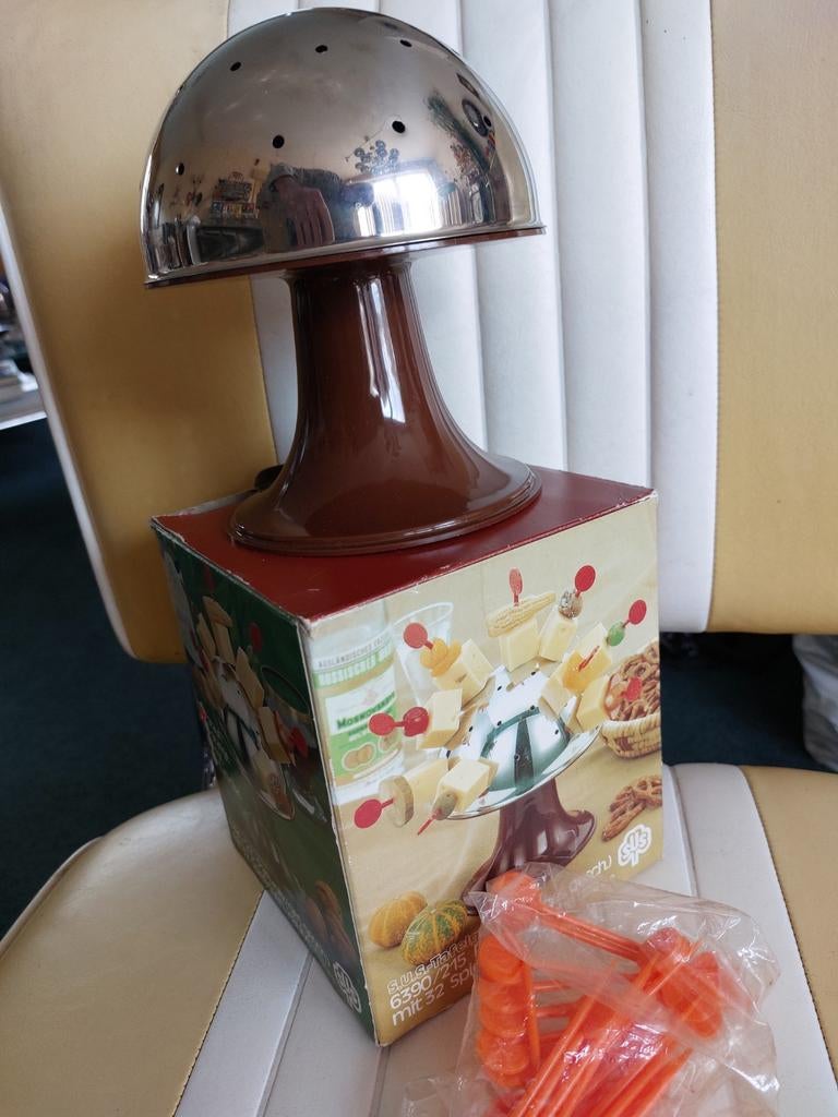 Vintage S.U.S. Tafelglanz Party Pilz met 28 spiesjes, Antiek en Kunst, Curiosa en Brocante, Ophalen of Verzenden