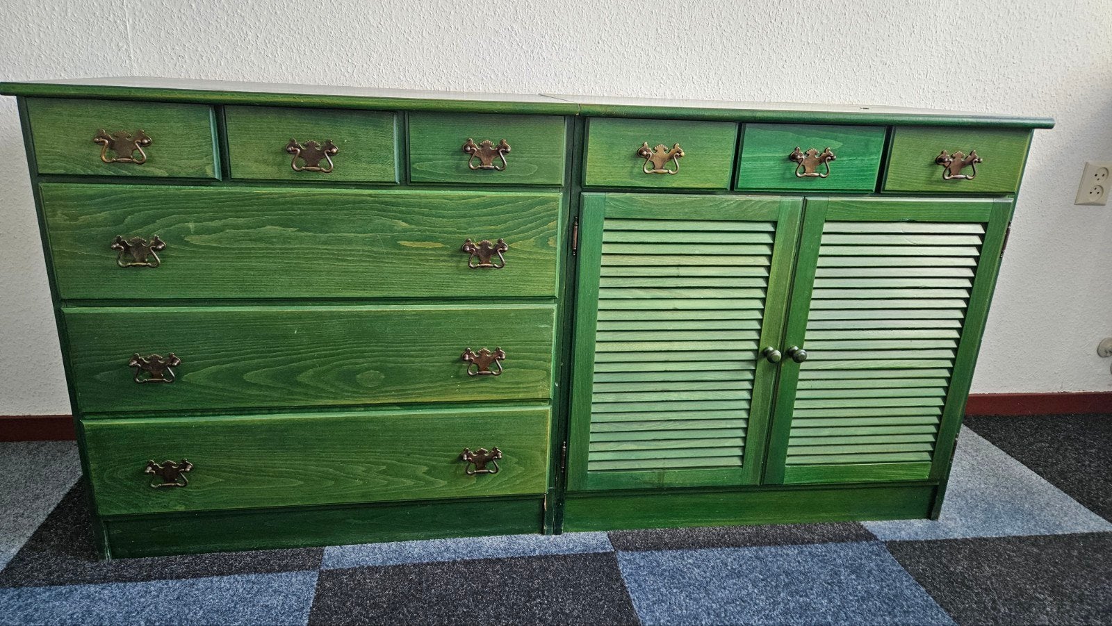 Groene ladekast en kast met jaloeziedeur, Huis en Inrichting, Ophalen, Gebruikt, Met lade(s), 150 tot 200 cm