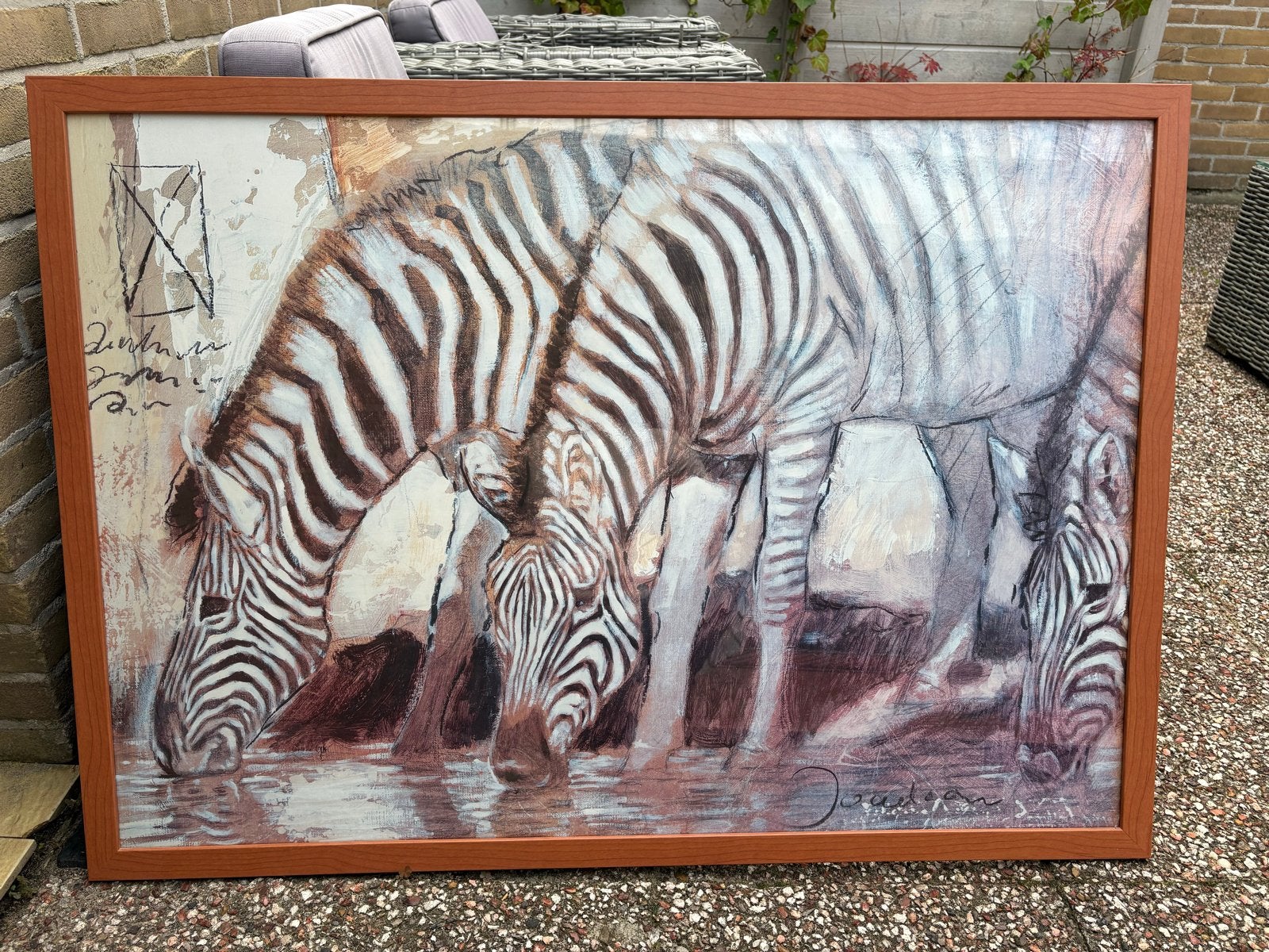 Schilderij met drinkende zebra's - Ingelijst: 75/1m 05, Antiek en Kunst, Ophalen, Kunststof, Dieren, Print