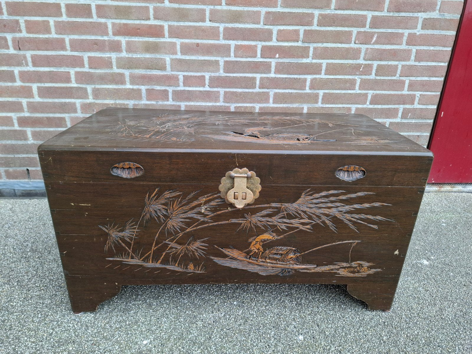Antieke Chinese kist met houtsnijwerk, Ophalen, Gebruikt, 50 tot 100 cm, Minder dan 50 cm