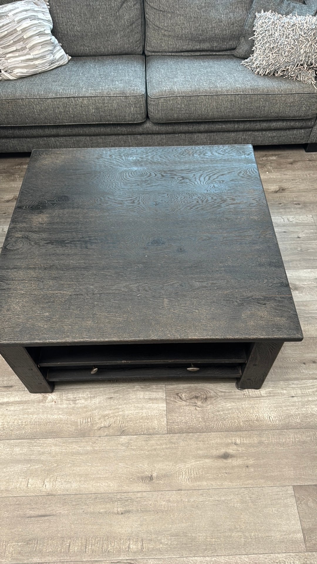 Zwarte grote houten salontafel met la, Ophalen, Gebruikt, 50 tot 100 cm, Vierkant