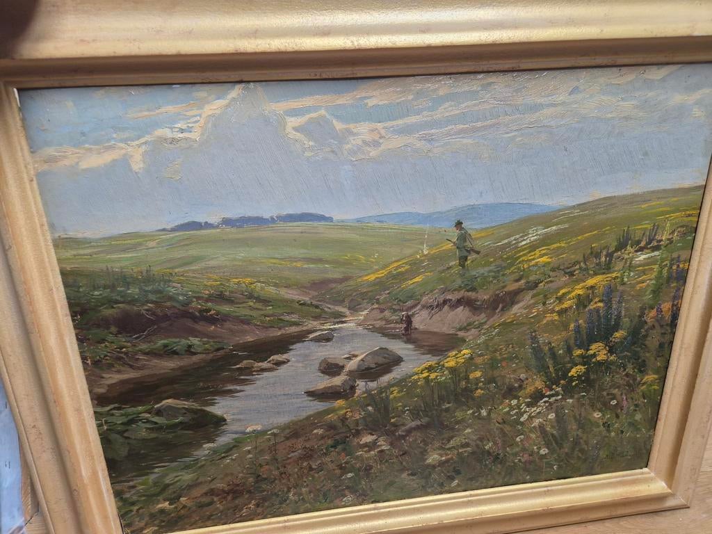 Olieverfschilderij Groot: Jager aan de beek, Antiek en Kunst, Kunst | Schilderijen | Klassiek, Ophalen