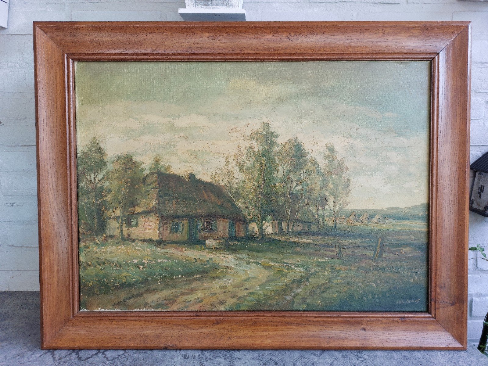Schilderij Landschap met boerderij - Gesigneerd, Antiek en Kunst, Ophalen