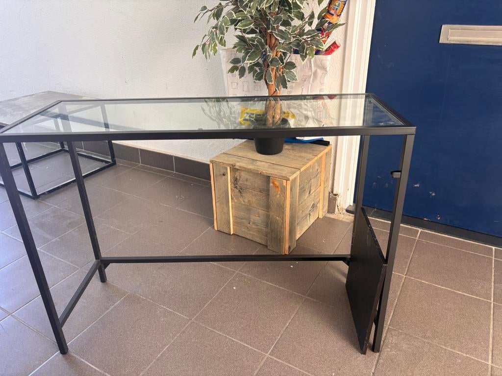 Industrieel bureau / werktafel met glas en metaal, Ophalen, Zwart, Gebruikt, Metaal