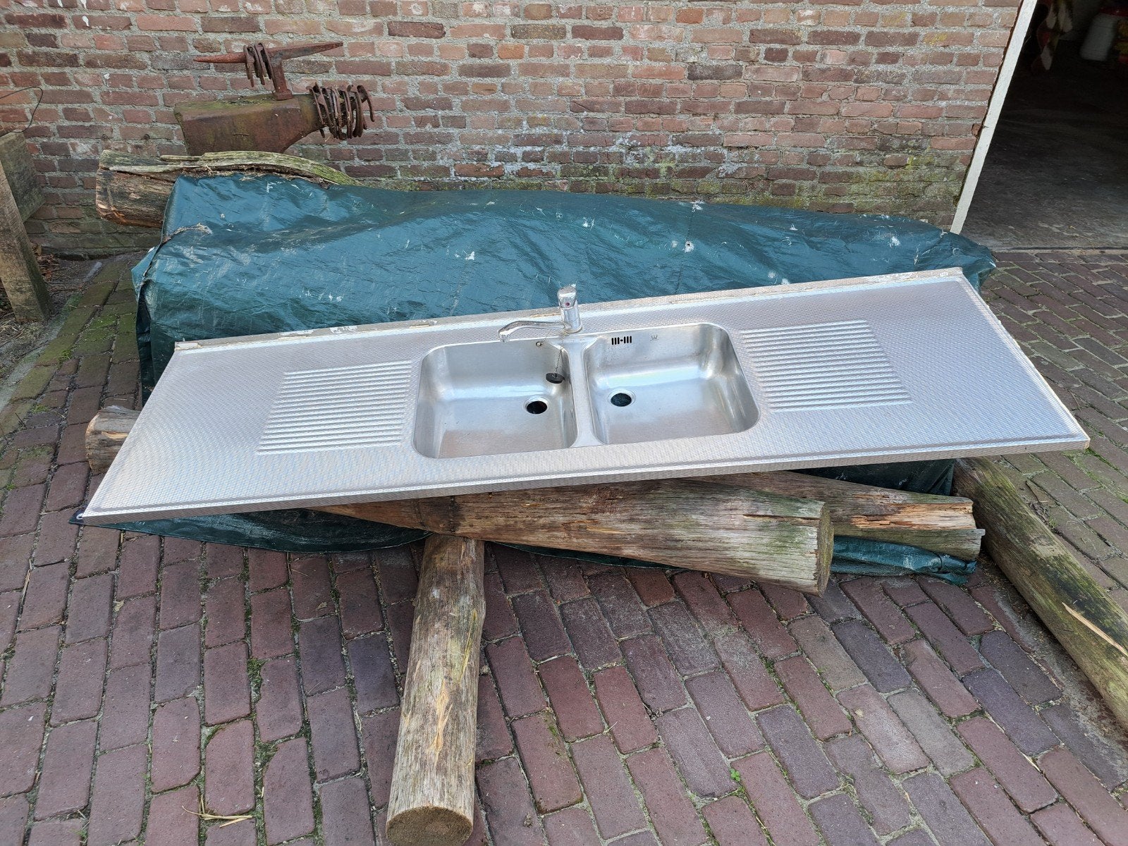 RVS Keukenblad met Dubbele Spoelbak en Kraan, Ophalen, Gebruikt, Overige typen, Grijs