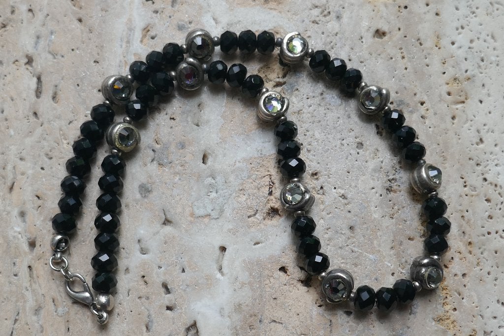 Vintage kralen ketting, Sieraden, Tassen en Uiterlijk, Kettingen, Met kristal, Verzenden, Zwart, Zo goed als nieuw