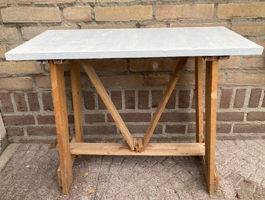 Brocante houten tafeltje - bijzettafeltje -schildersbankje, Ophalen, Hout, Meerkleurig, ---