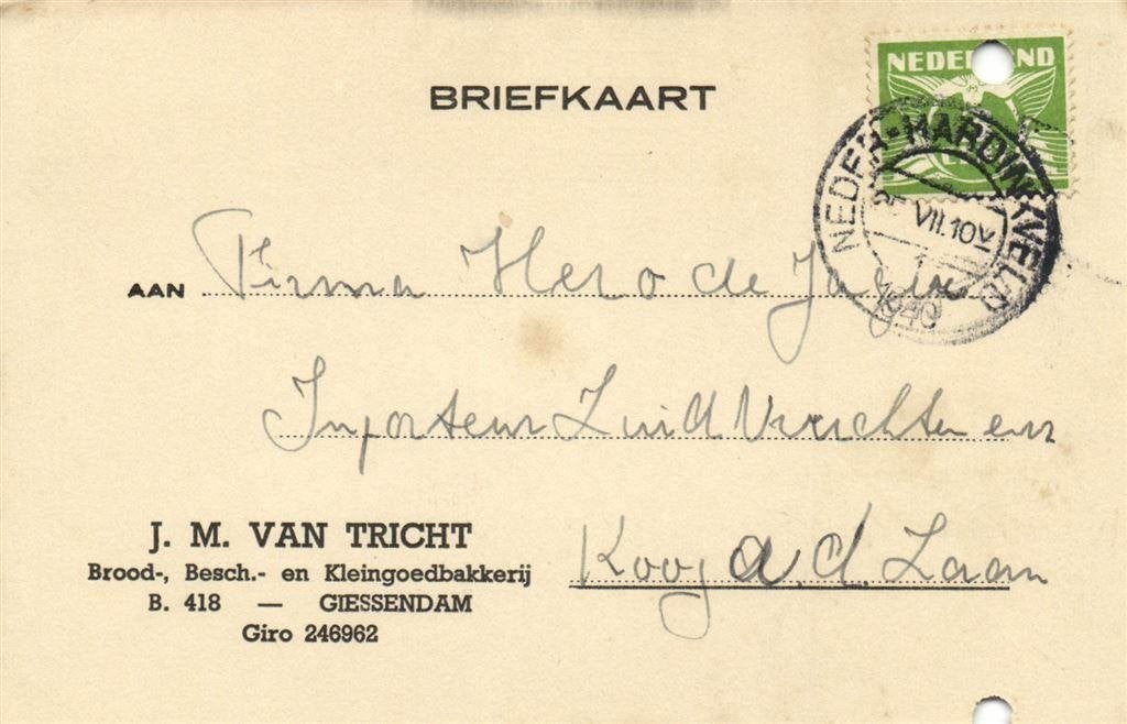 J.M. van Tricht, Giessendam - 07.1940 - briefkaart, Ophalen of Verzenden, Briefkaart