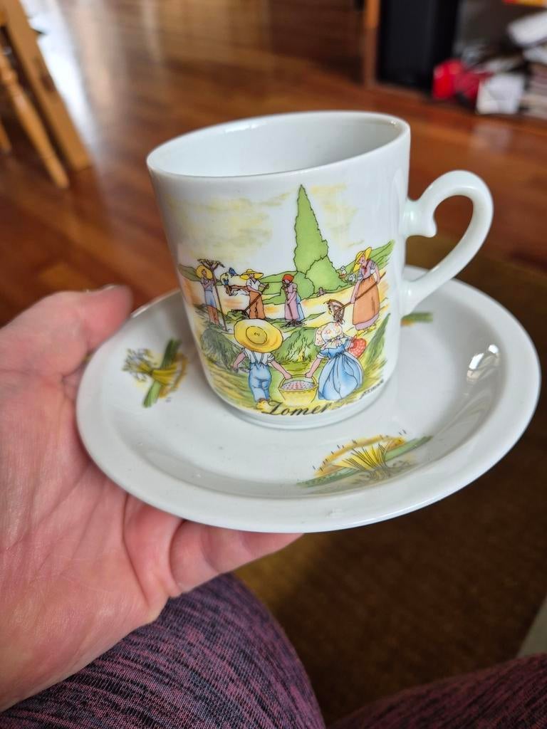 Vintage rie cramer kopje met Schotel - Boerderijtafereel, Antiek en Kunst, Ophalen of Verzenden