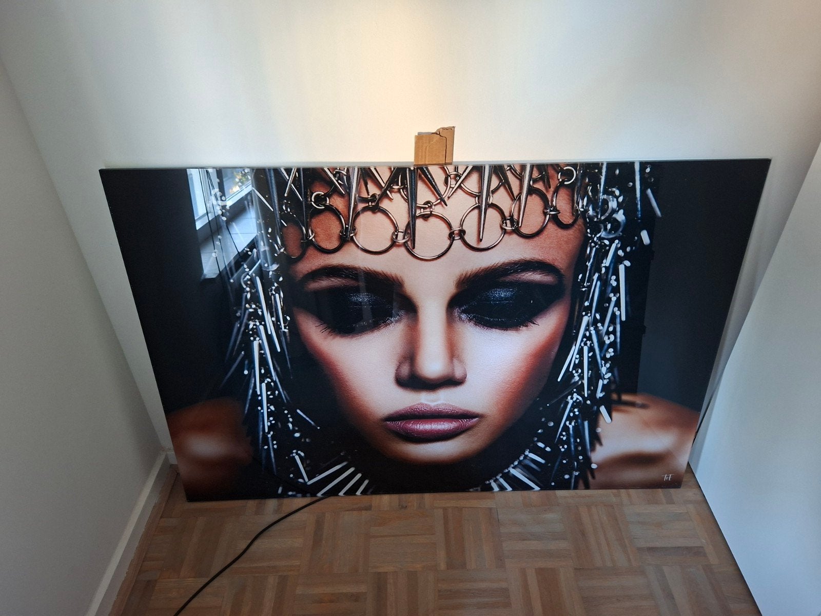 Groot modern schilderij (plexiglas): Vrouw met metalen hoofd, Print, Overige materialen, Portret, Ophalen