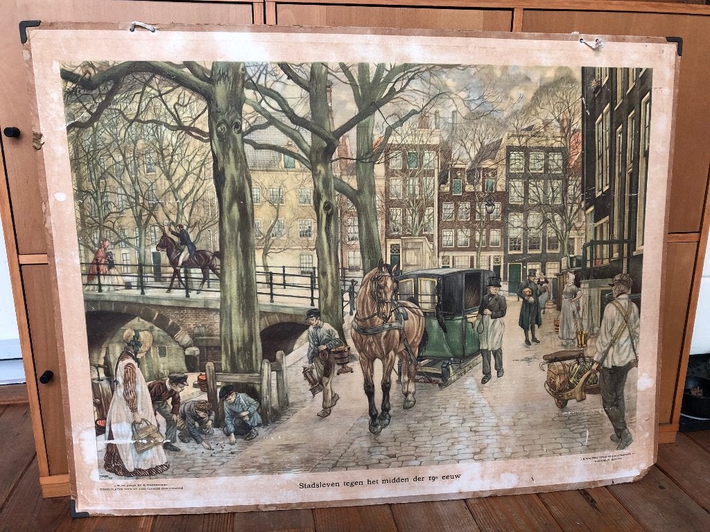 schoolplaat "Stadsleven tegen het midden der 19e eeuw", Antiek en Kunst, Antiek | Schoolplaten, Ophalen, Geschiedenis