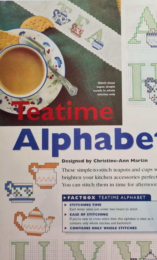 Teatime alfabet borduurpatroon, Ophalen, Nieuw, Handborduren, Patroon
