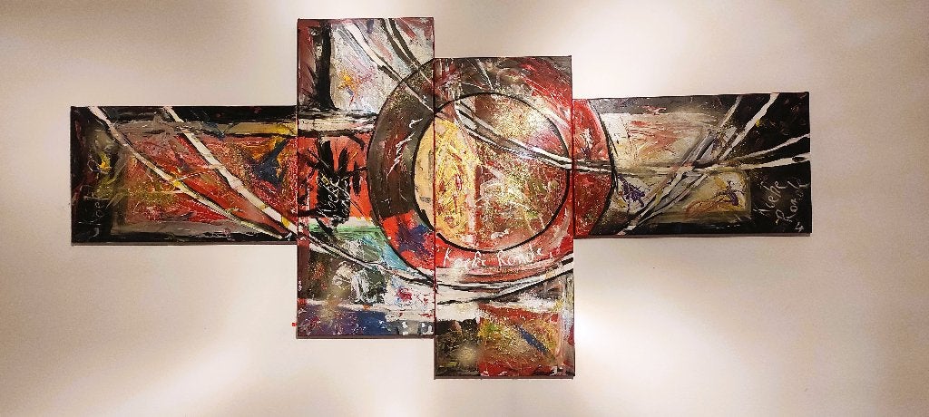 Modern abstract schilderij 4 luik van Belgisch kunstenaar, Antiek en Kunst, Verzenden