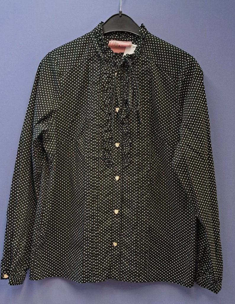Edith & Ella zwarte blouse +hartjes patroon & knopen M 41128, Maat 38/40 (M), ., Zwart, Ophalen of Verzenden