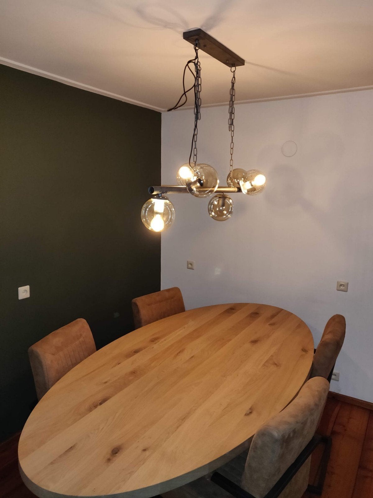 Industriële hanglamp met glazen bollen, Ophalen, Gebruikt, Glas, Industrieel