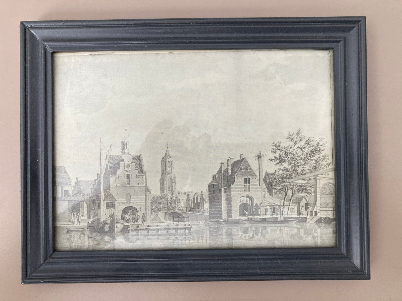 Antieke Ets Rotterdam en Schiedamse Poort, Antiek en Kunst, Ophalen, 18 cm, Ingelijst, 1800 - 1899