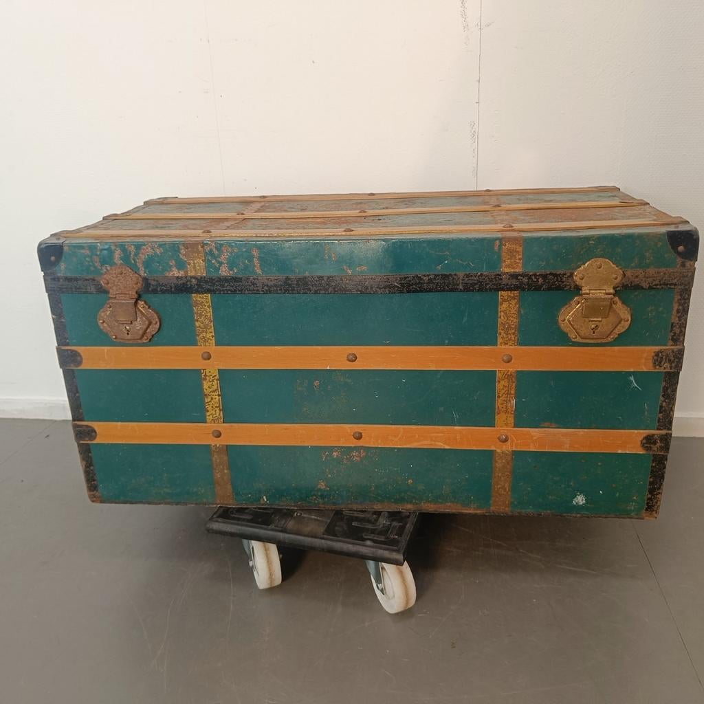 Vintage Koffer / Reiskist - Groen met Houten Banden, Huis en Inrichting, Woonaccessoires | Kisten, Gebruikt, 100 tot 150 cm, 75 tot 100 cm