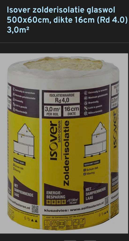 Isover Zolderisolatie Glaswol 16cm (Rd 4.0) - 3,0m², 12 cm of meer, Nieuw, 15 m² of meer, Glaswol