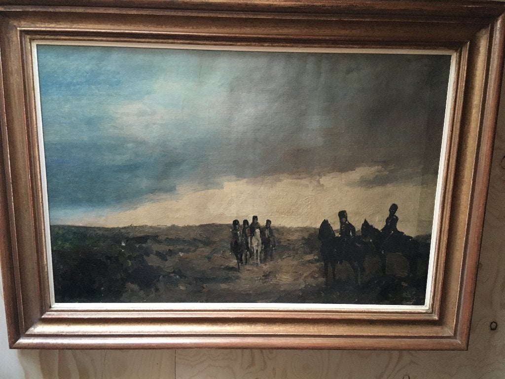 Gele ruiters - stijl van Breitner, Antiek en Kunst, Ophalen, Doek, Landschap, Olieverf