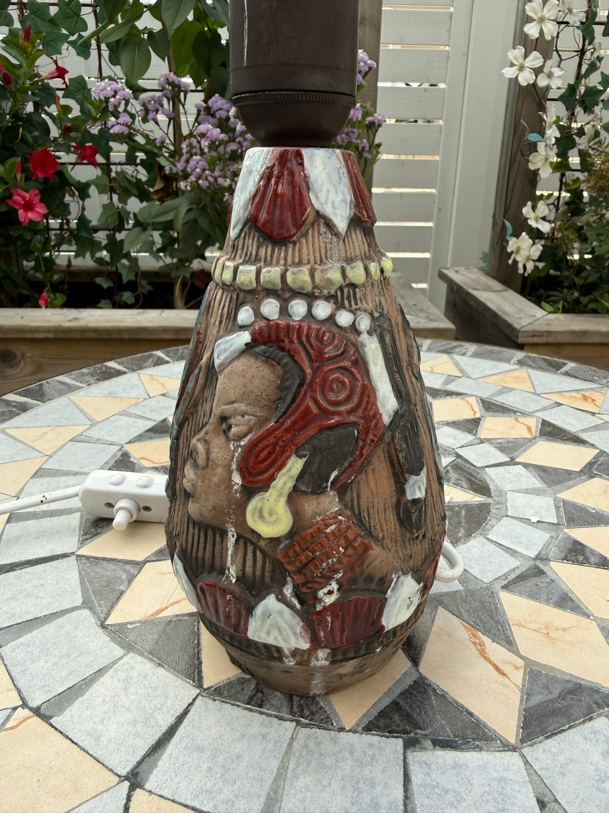 Vintage Tafellamp met Azteekse/Maya-achtige Decoratie, Ophalen of Verzenden