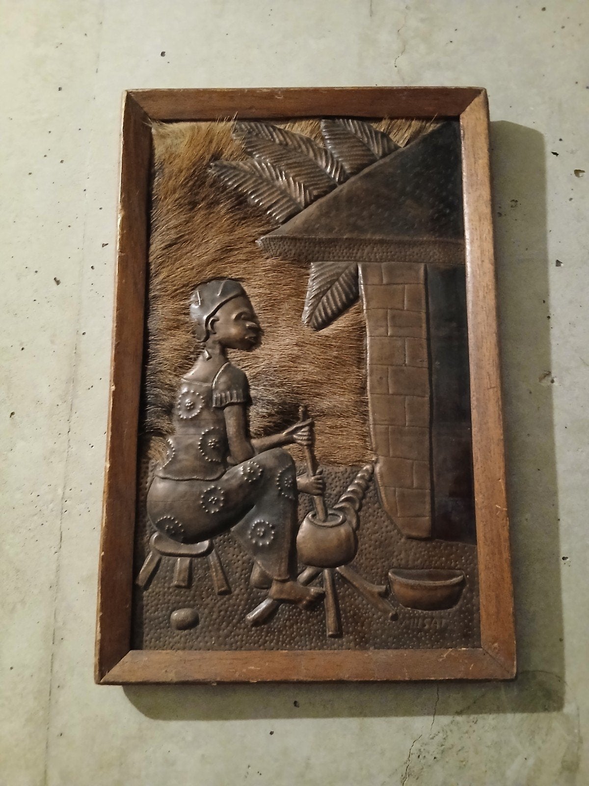 Koperen schilderijtje uit Suriname met koeienhuid, Antiek en Kunst, Ophalen of Verzenden