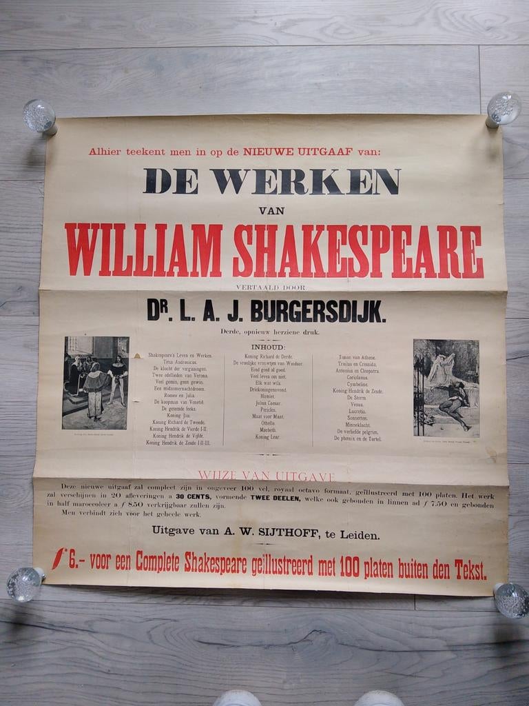 Aankondiging De Werken van William Shakespeare. Leiden., Gebruikt, Vierkant, Ophalen of Verzenden, A1 t/m A3