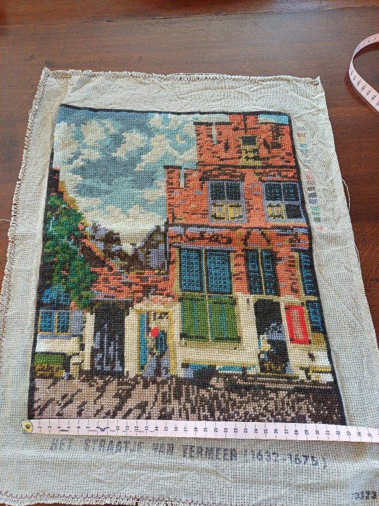 Borduurwerk ,,straatje van Vermeer,, zonder lijst, wol, Ophalen of Verzenden, Gebruikt, Handborduren, Overige typen