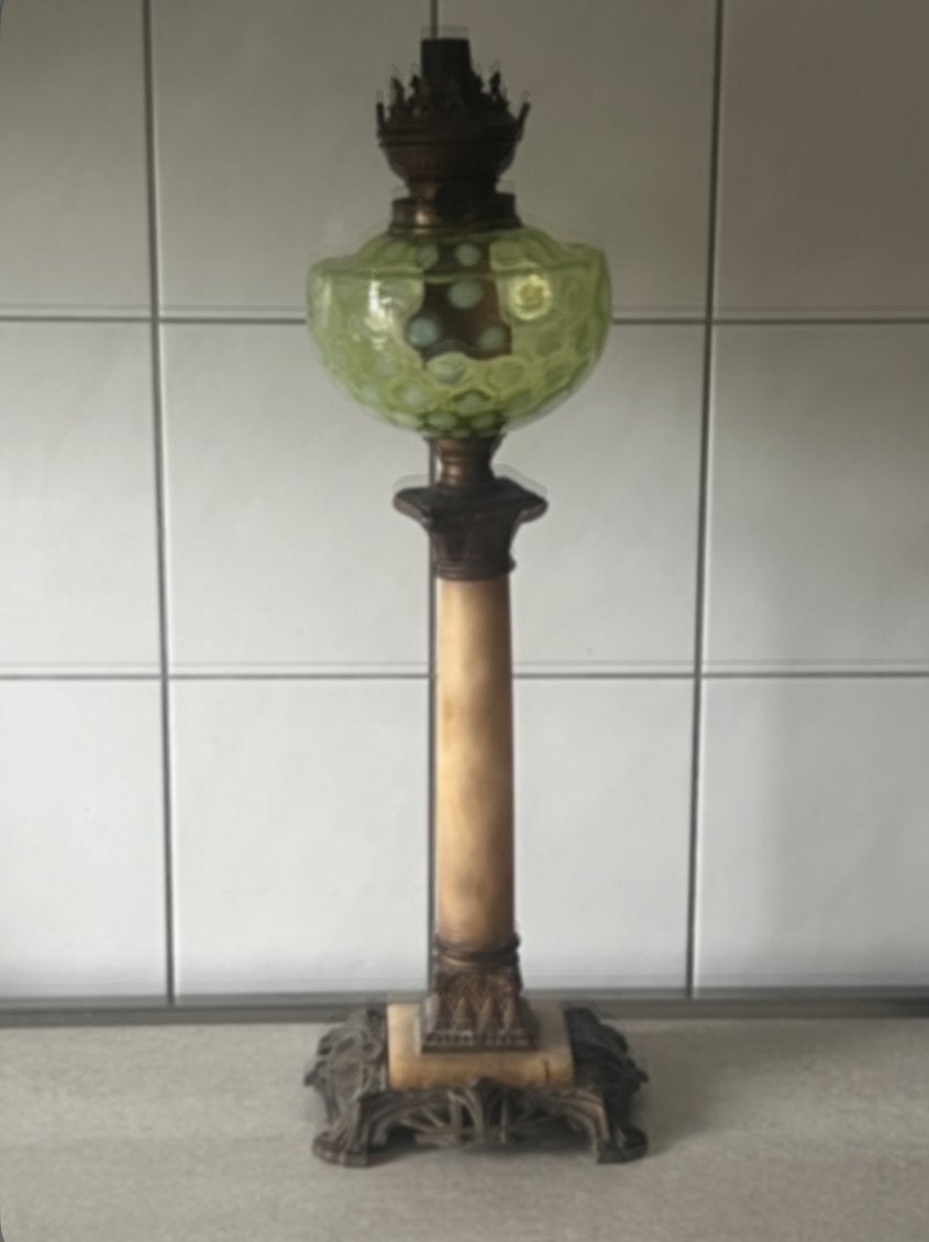 Antieke olielamp met marmeren zuil en bronzen voet, Ophalen of Verzenden