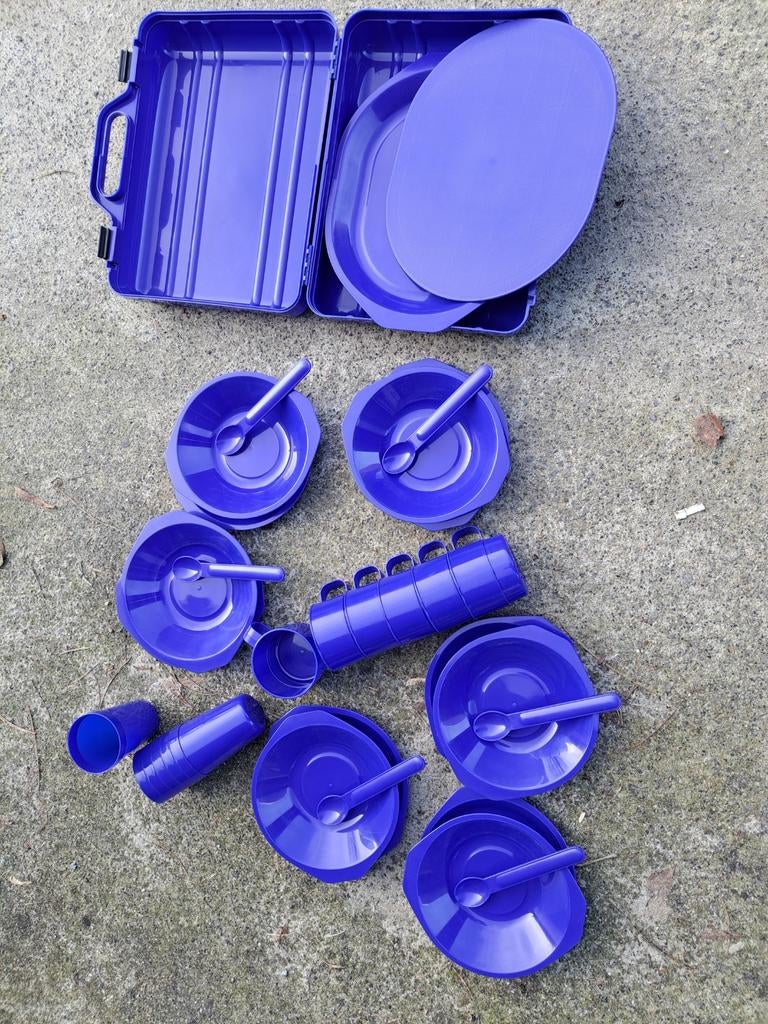 Vintage blauwe picknickset in koffertje, Ophalen of Verzenden, Zo goed als nieuw