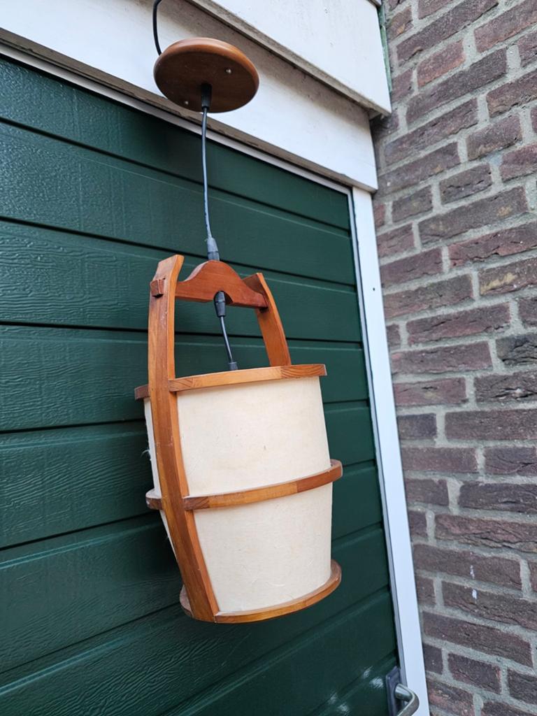 Vintage Japanse houten hanglamp / Japandi stijl, Ophalen of Verzenden, Gebruikt, Kunststof, Minder dan 50 cm